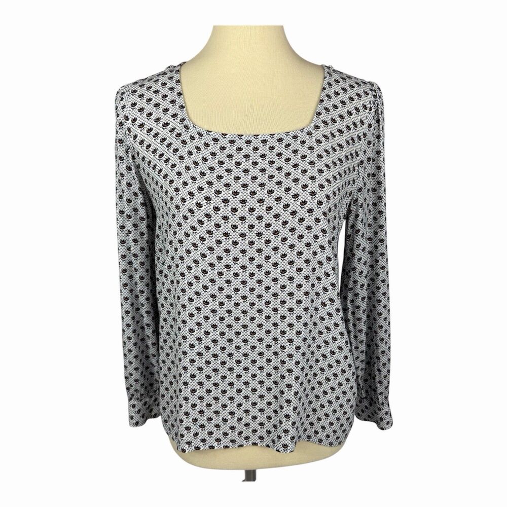 LOFT Petites Tulip Floral Square Neck Long Sleeve Blouse Black White P Small